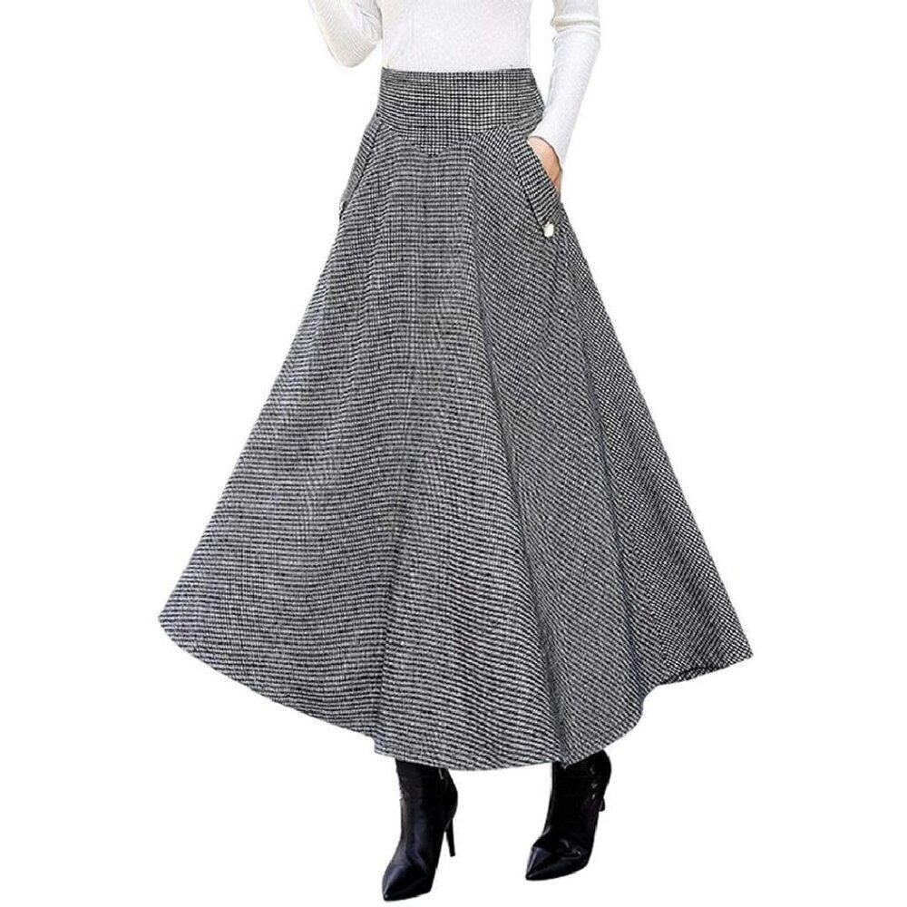 High Waisted Wool Plaid A-Line Maxi Skirt with Side Pocket
